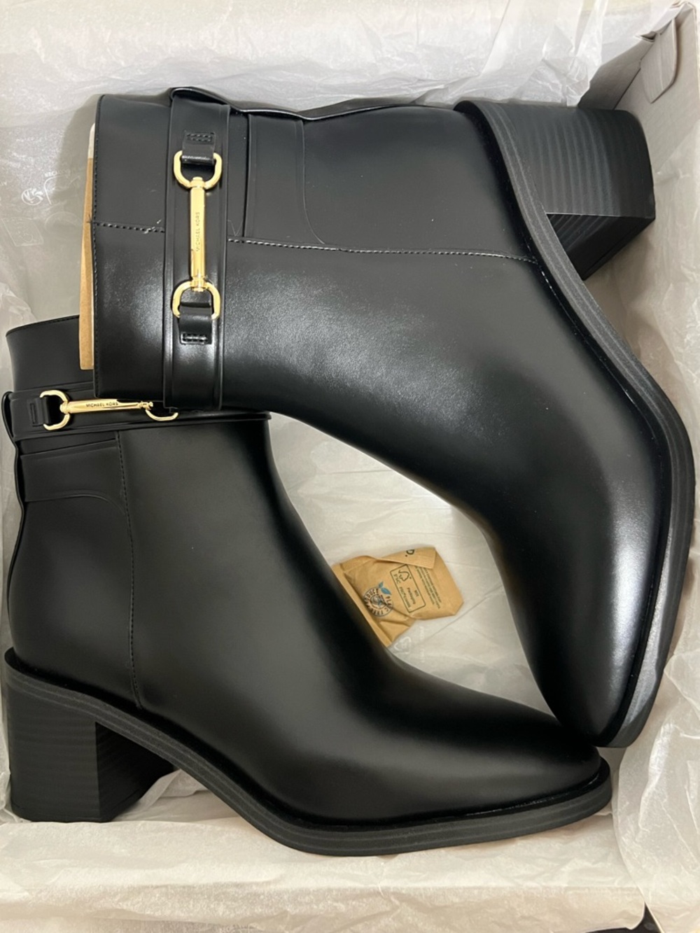 Michael Kors Black Leather Ankle Boots with Gold Accent Hardware